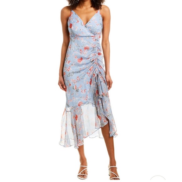 ASTR Mariah Floral Midi Dress Blue Large Ruched V-Neck Sleeveless Straps Sexy - Picture 1 of 17